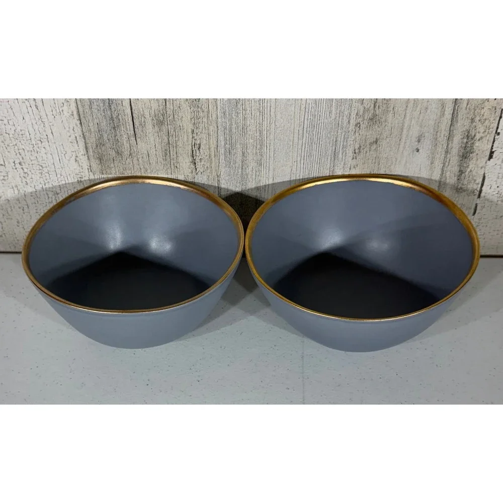 Crate & Barrel Addison Grey Bowls Set‎ of 2 Gray Gold Rim Stoneware Portugal